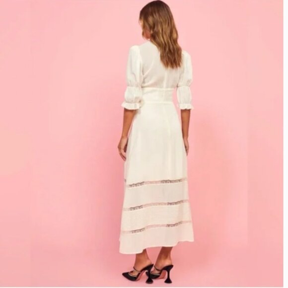 Reformation Ginny Lace-Trimmed Pintucked Georgette Midi Dress Size 6 Ivory White - Picture 6 of 15